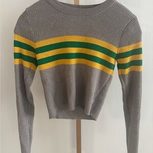 Gray Cropped Sweater with Green and Yellow Stripes